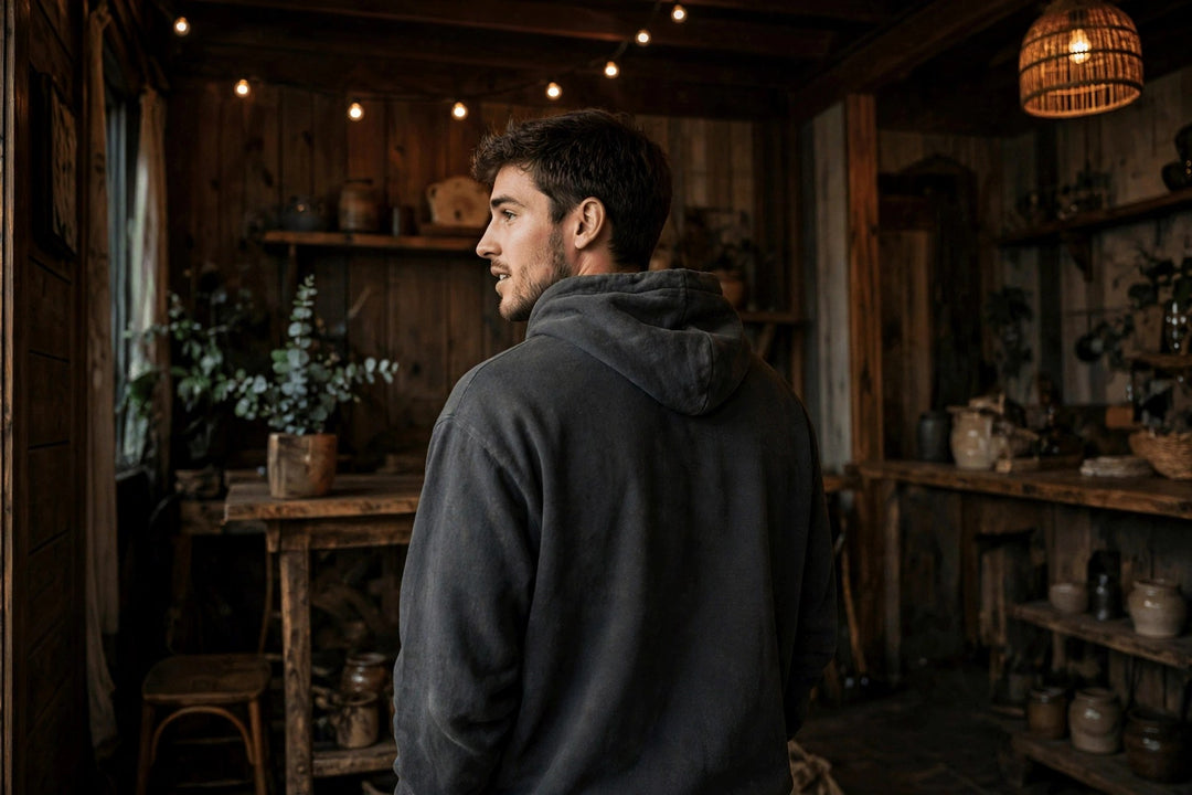 Moon Phases Vibes Hoodie — in the Five Tides room, male back