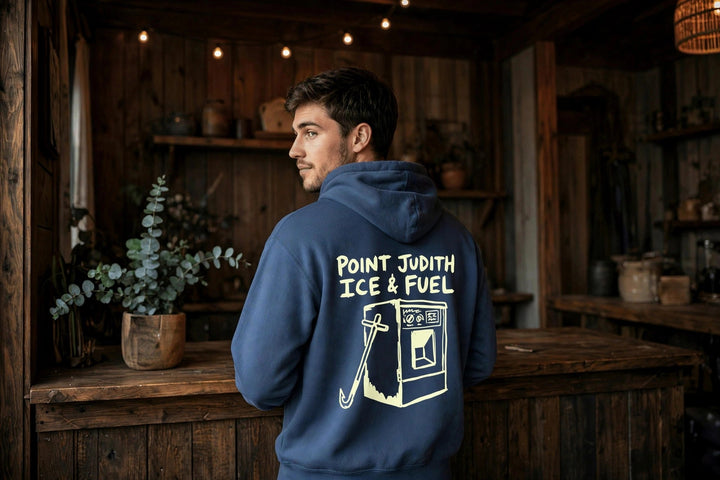 Point Judith Hoodie — in the Five Tides room, male back