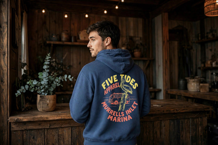 Murrells Inlet Marina Hoodie — in the Five Tides room, male back
