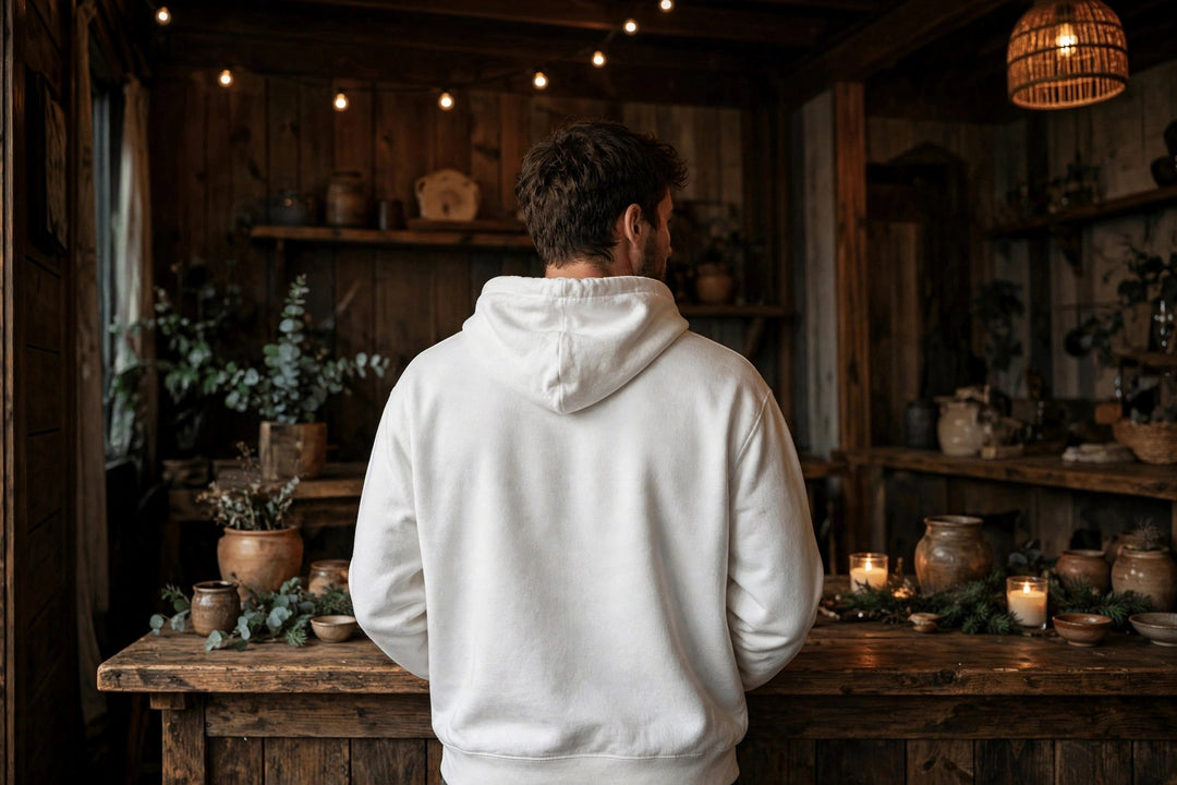 East Coast Waves Hoodie — in the Five Tides room, male back