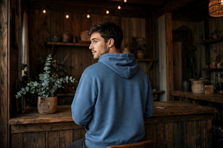 Tampa Bay Fish Hoodie — in the Five Tides room, male back