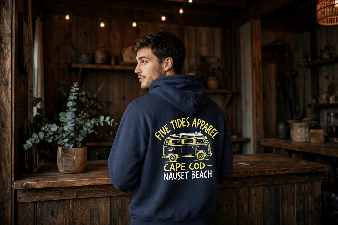 Cape Cod Nauset Beach Hoodie — in the Five Tides room, male back