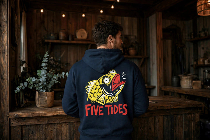 Five Tides Fish Hoodie — in the Five Tides room, male back