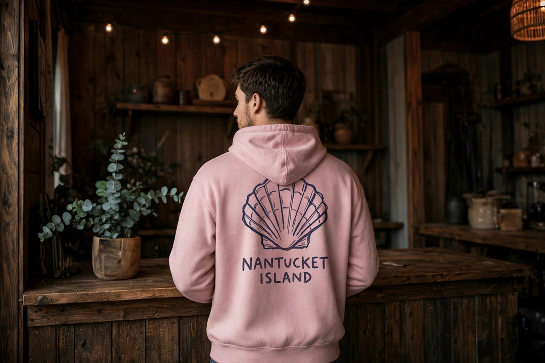 Nantucket Island Shell Hoodie — in the Five Tides room, male back
