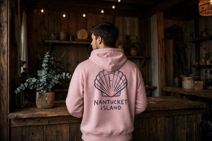 Nantucket Island Shell Hoodie — in the Five Tides room, male back