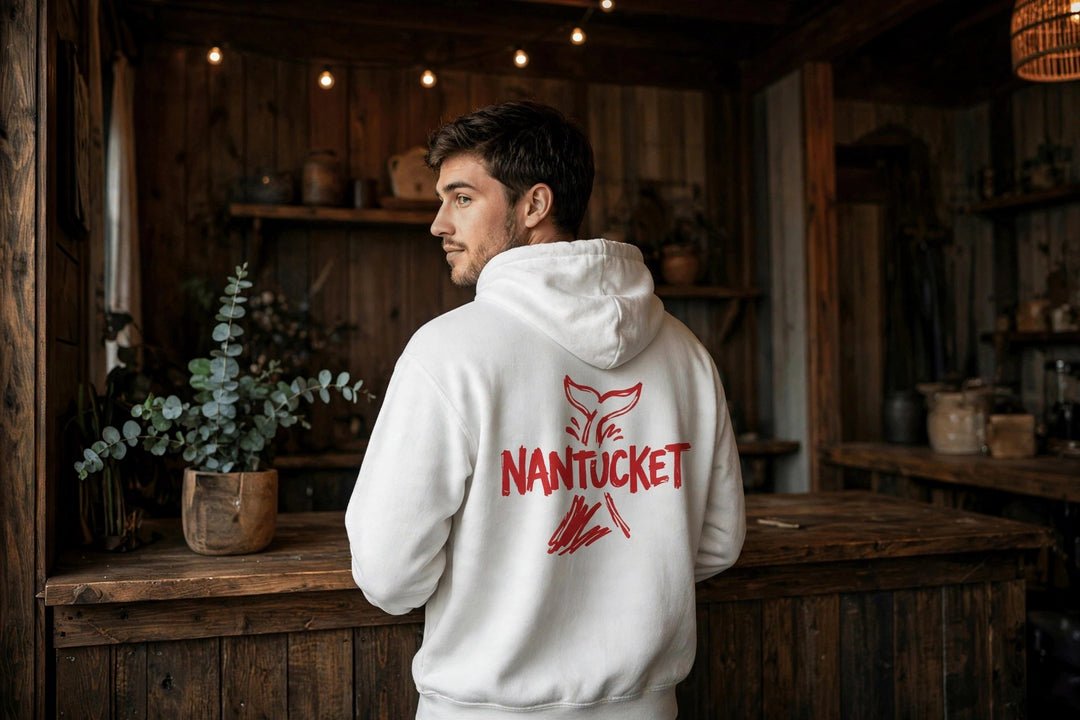 Nantucket Whale Tail Hoodie — in the Five Tides room, male back