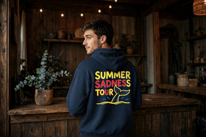 Summer Sadness Tour Hoodie (Whale) — in the Five Tides room, male back