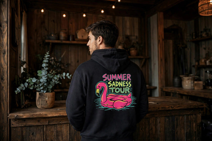 Summer Sadness Tour Hoodie (Flamingo) — in the Five Tides room, male back