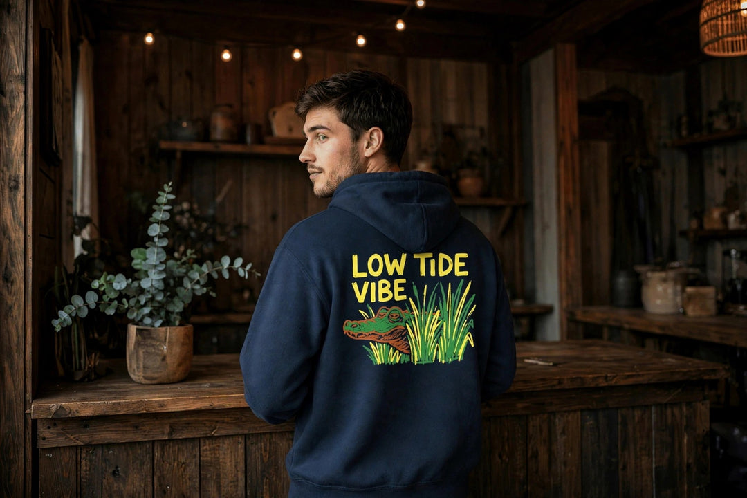 Low Tide Vibe Alligator Hoodie — in the Five Tides room, male back