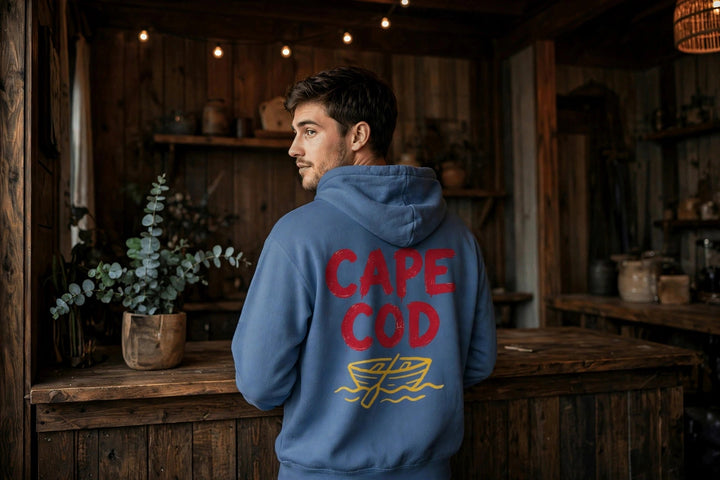 Cape Cod Hoodie — in the Five Tides room, male back