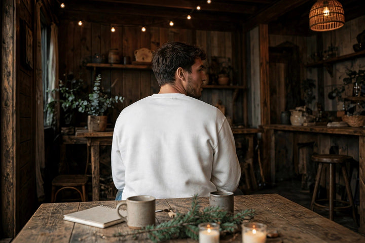 Malibu Sweatshirt — in the Five Tides room, male back