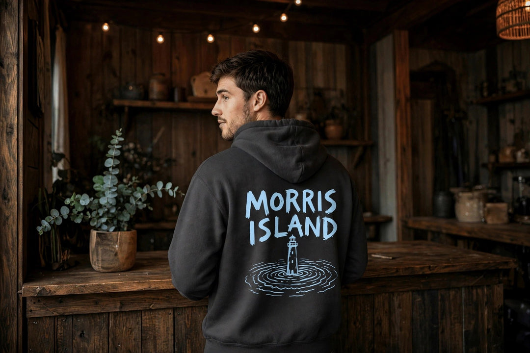 Morris Island Hoodie — in the Five Tides room, male back