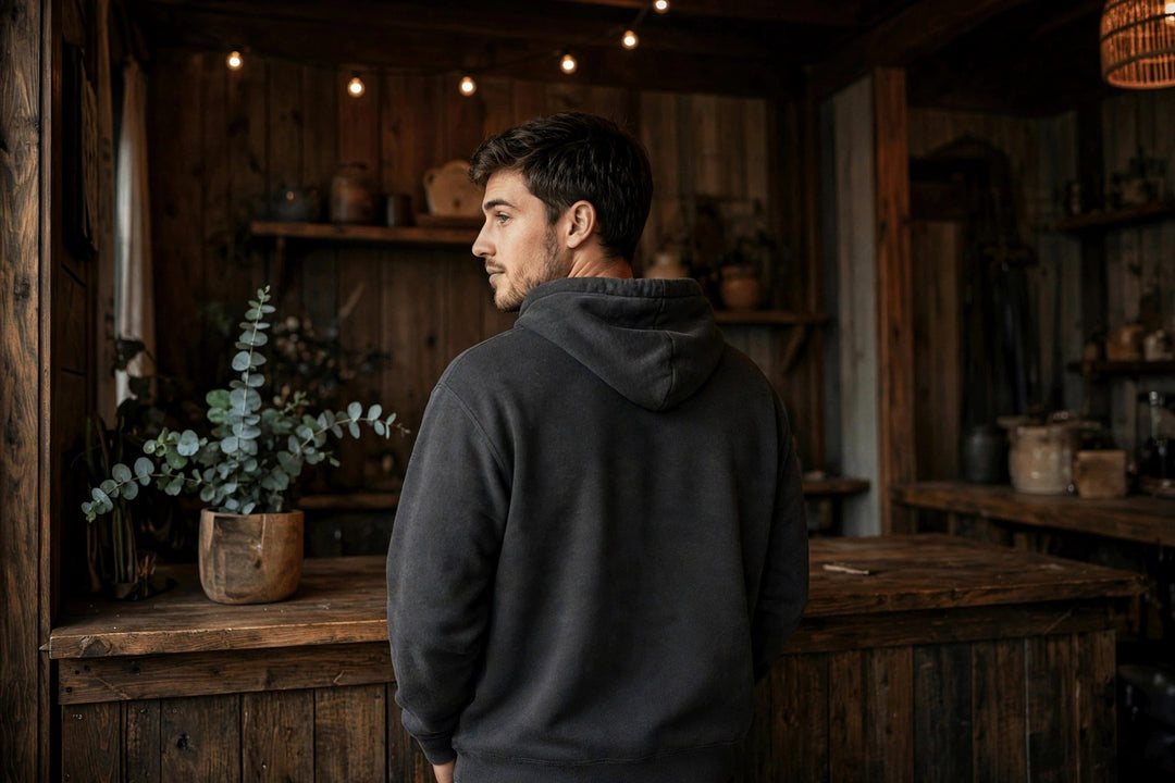 The Rusty Hook Hoodie — in the Five Tides room, male back