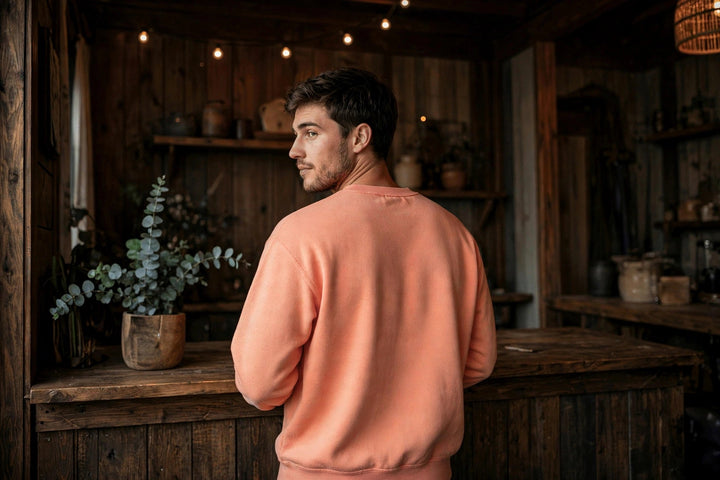 Tropical Donut Sweatshirt — in the Five Tides room, male back
