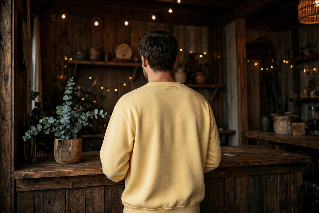 Salt Rooted Conch Shell Sweatshirt — in the Five Tides room, male back