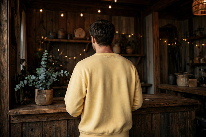 Salt Rooted Conch Shell Sweatshirt — in the Five Tides room, male back