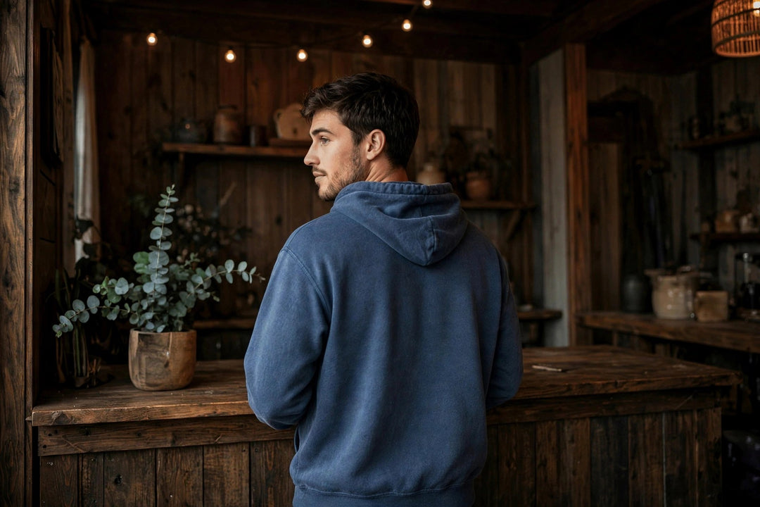 Salt Rooted Wheat Hoodie — in the Five Tides room, male back
