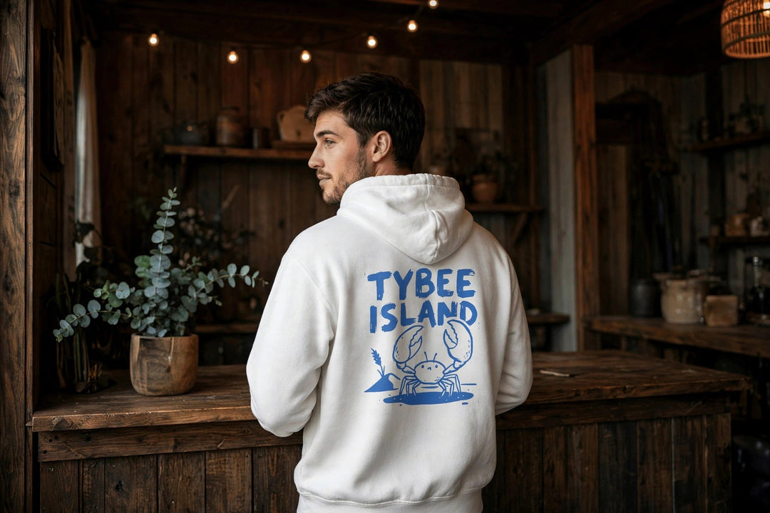Tybee Island Crab Hoodie — in the Five Tides room, male back