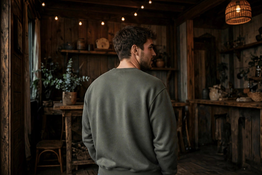 Lobster Sweatshirt — in the Five Tides room, male back