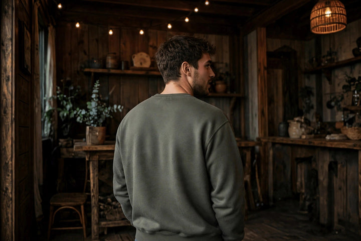 Lobster Sweatshirt — in the Five Tides room, male back