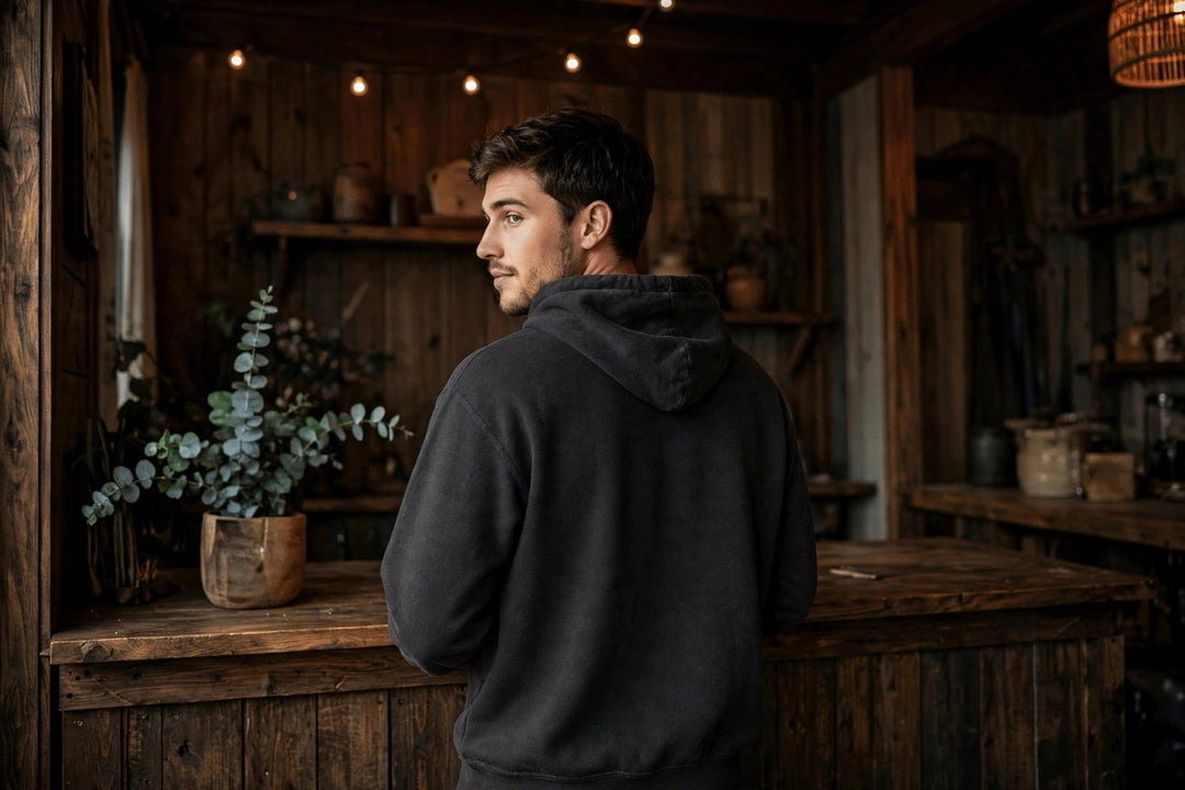Virginia Oyster Tavern Hoodie — in the Five Tides room, male back