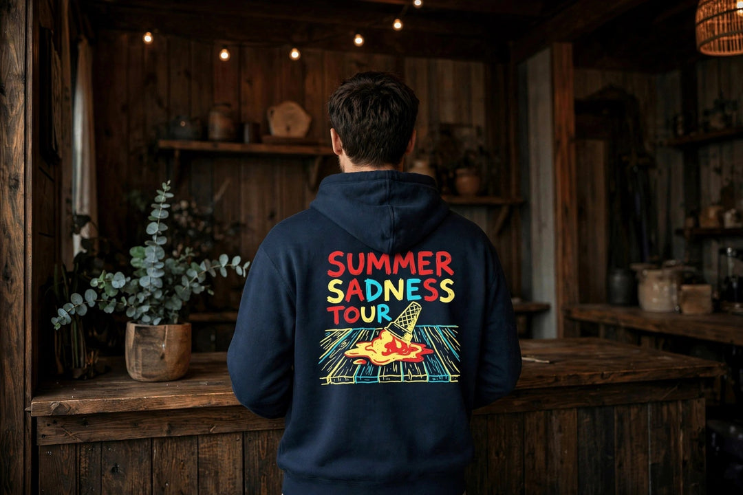 Summer Sadness Tour Hoodie (Palm) — in the Five Tides room, male back