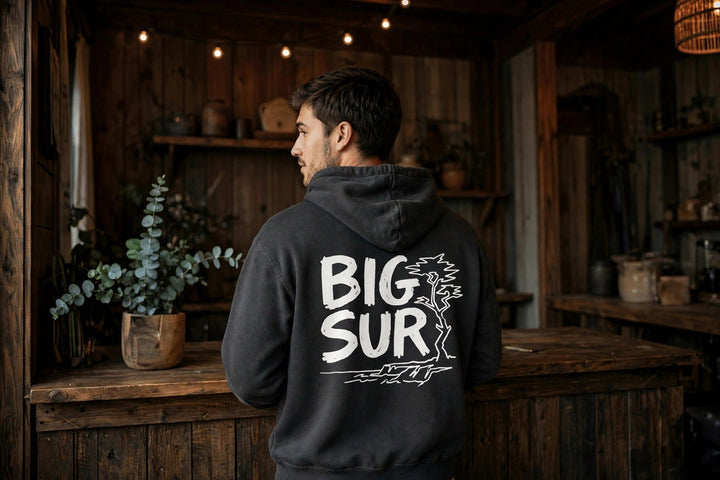 Big Sur Hoodie — in the Five Tides room, male back
