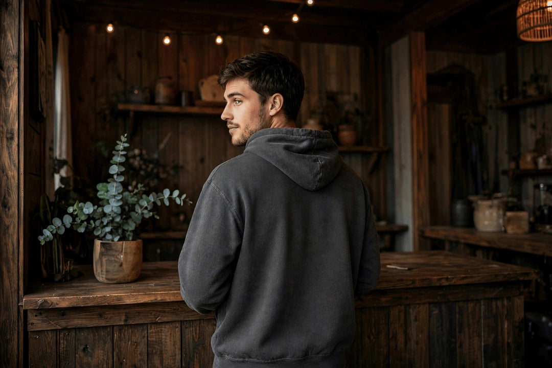 Pinecoast Diner Hoodie — in the Five Tides room, male back