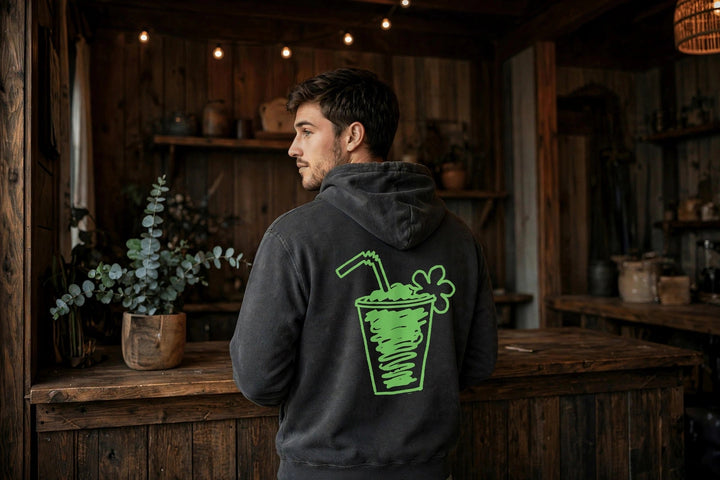 Flora-Bama Cocktail Hoodie — in the Five Tides room, male back