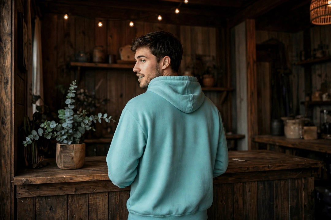 Charleston Sea Oats Hoodie — in the Five Tides room, male back