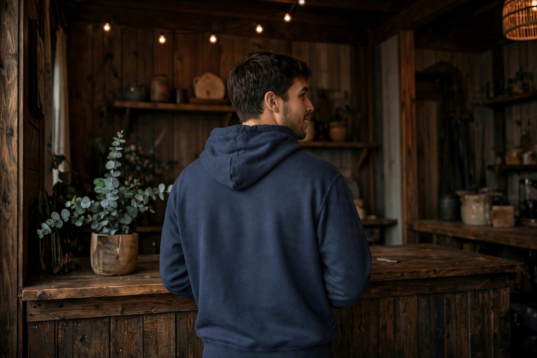 Montauk Lobster Claw Hoodie — in the Five Tides room, male back