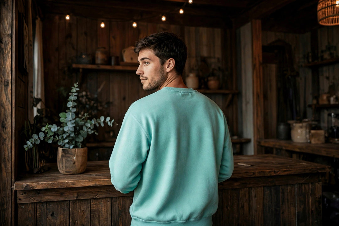 Wrightsville Beach Sweatshirt — in the Five Tides room, male back