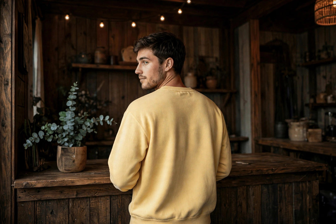 Chase The Sun Sweatshirt — in the Five Tides room, male back