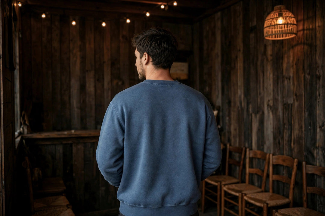 Galveston Sweatshirt — in the Five Tides room, male back