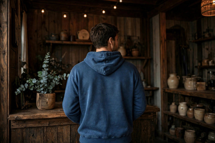 Chesapeake Crab House Hoodie — in the Five Tides room, male back