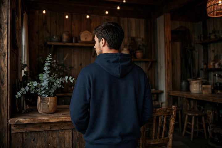Salt Rooted Oyster Hoodie — in the Five Tides room, male back