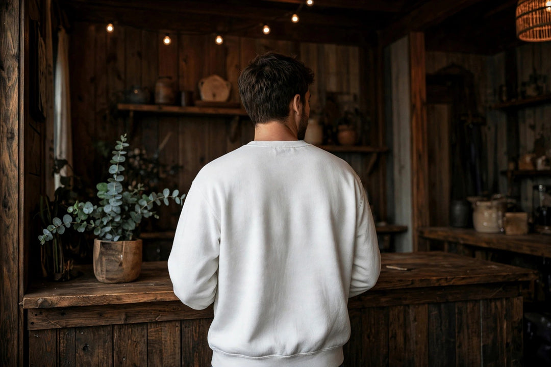 Salty Roots Sweatshirt — in the Five Tides room, male back