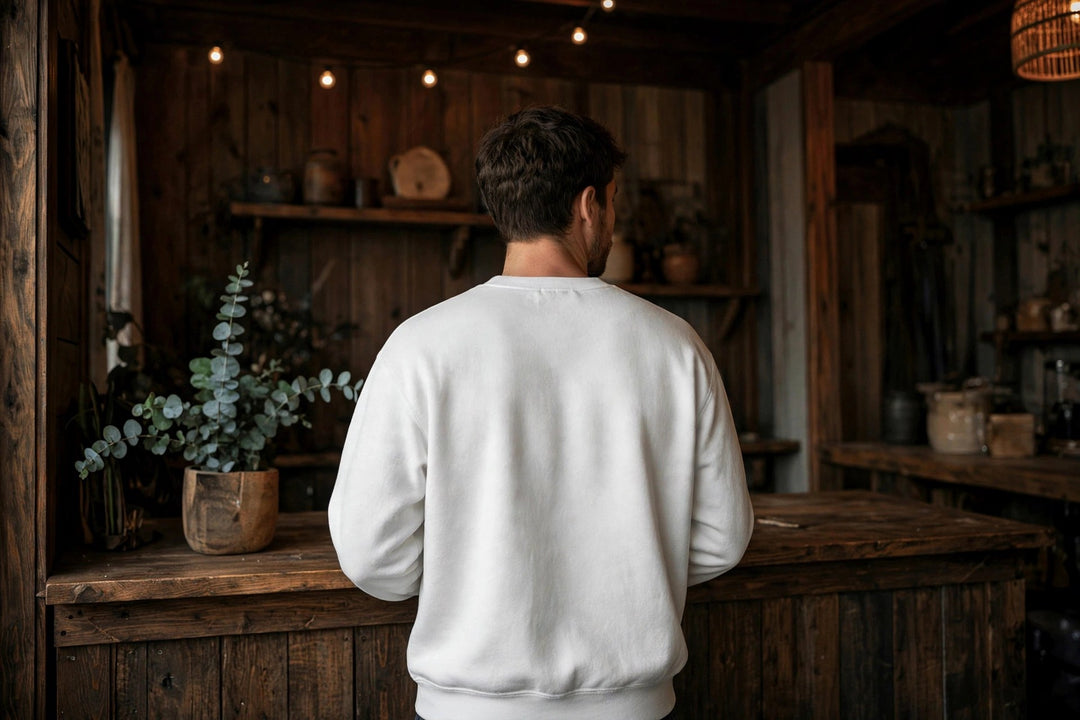 Bowers Beach Sweatshirt — in the Five Tides room, male back