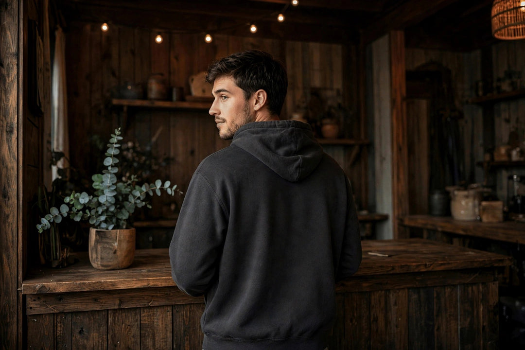 Hatteras Lighthouse Hoodie — in the Five Tides room, male back