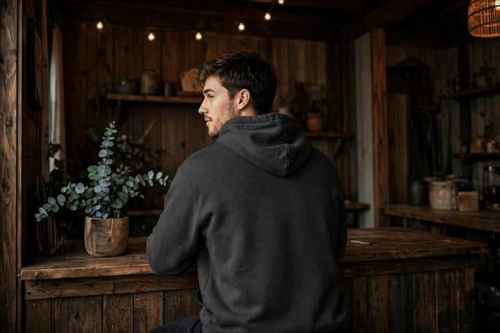 Hunting Island Hoodie — in the Five Tides room, male back