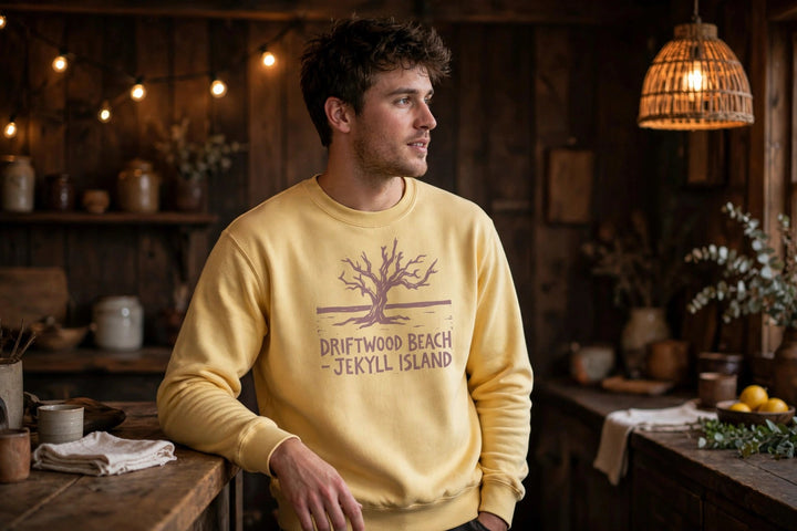 Driftwood Beach Sweatshirt — in the Five Tides room, male front