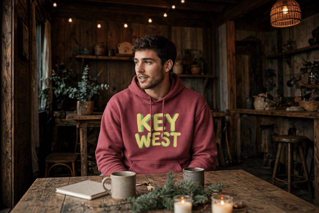 Key West Conch Shell Hoodie — in the Five Tides room, male front