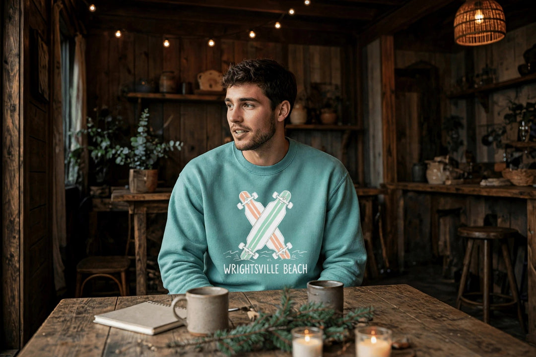 Wrightsville Beach Sweatshirt — in the Five Tides room, male front