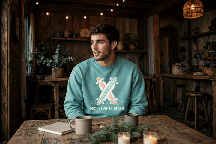 Wrightsville Beach Sweatshirt — in the Five Tides room, male front