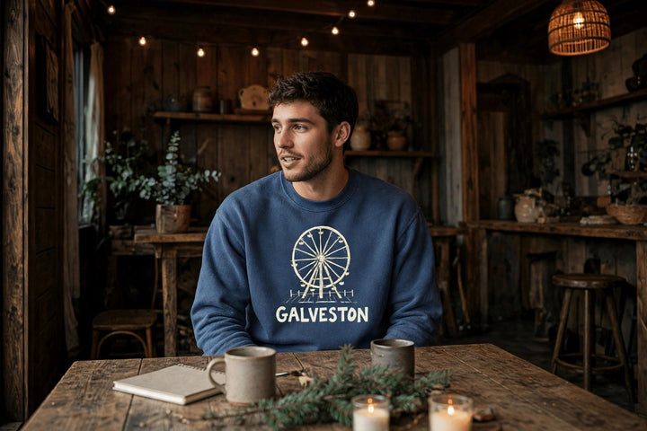 Galveston Sweatshirt — in the Five Tides room, male front