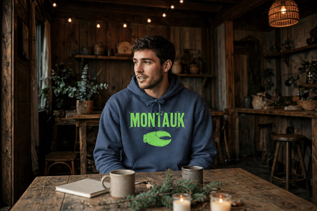 Montauk Lobster Claw Hoodie — in the Five Tides room, male front