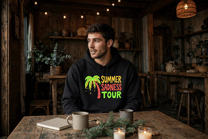 Summer Sadness Tour Hoodie (Flamingo) — in the Five Tides room, male front