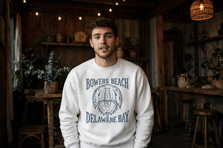 Bowers Beach Sweatshirt — in the Five Tides room, male front