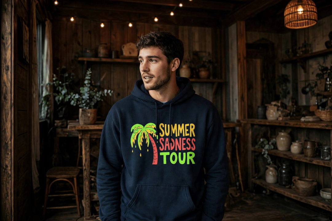 Summer Sadness Tour Hoodie (Palm) — in the Five Tides room, male front