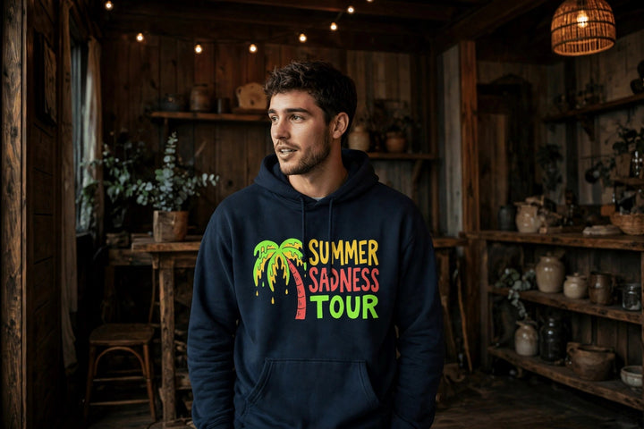 Summer Sadness Tour Hoodie (Palm) — in the Five Tides room, male front